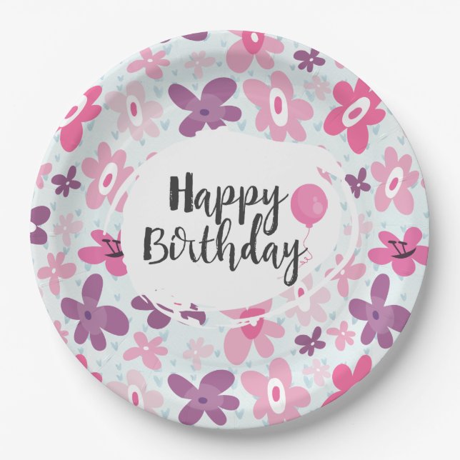 Pink Flowers Cute Whimsical Pattern Birthday Paper Plate (Front)