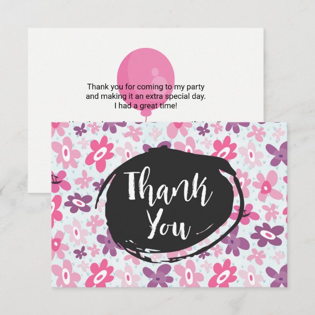 Pink Flowers Cute Whimsical Pattern Party Thanks Invitation (Front/Back)