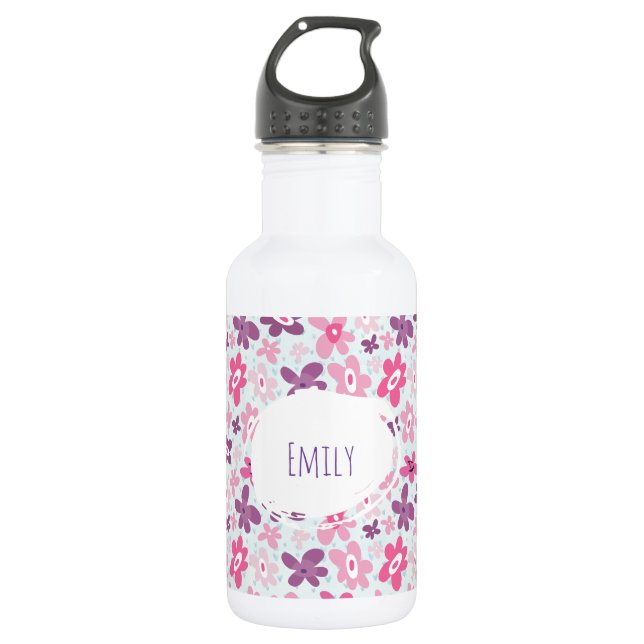 Pink Flowers Cute Whimsical Pattern Personalised 532 Ml Water Bottle (Front)