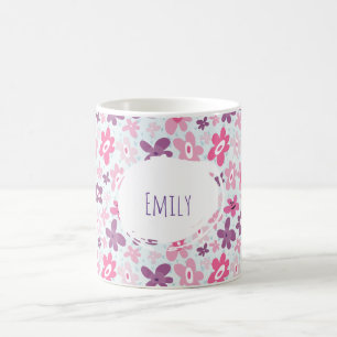 Pink Flowers Cute Whimsical Pattern Personalised Coffee Mug