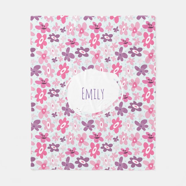 Pink Flowers Cute Whimsical Pattern Personalised Fleece Blanket (Front)