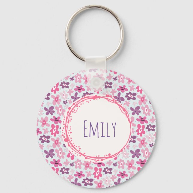 Pink Flowers Cute Whimsical Pattern Personalised Key Ring (Front)