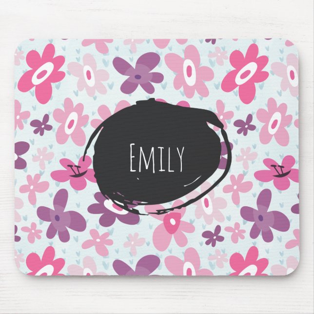 Pink Flowers Cute Whimsical Pattern Personalised Mouse Mat (Front)