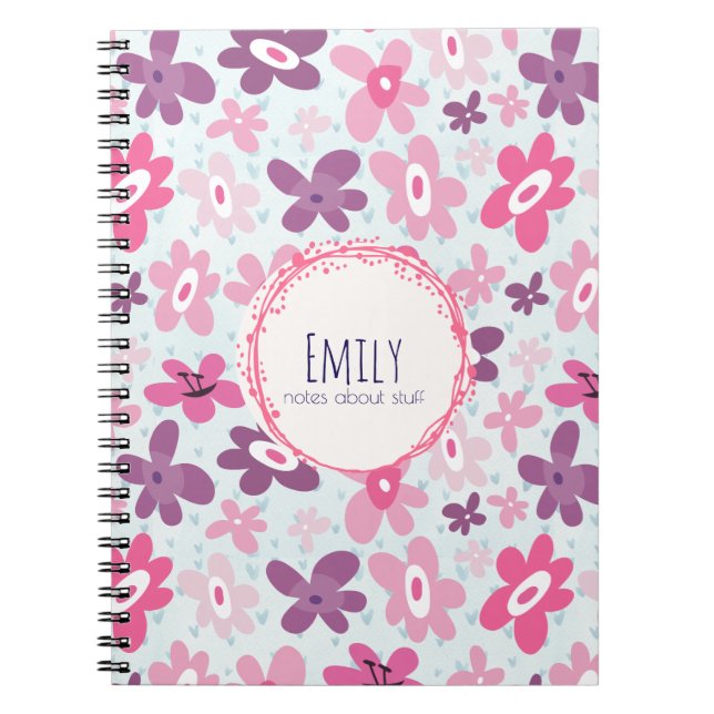 Pink Flowers Cute Whimsical Pattern Personalised Notebook (Front)