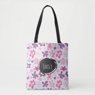 Pink Flowers Cute Whimsical Pattern Personalised Tote Bag