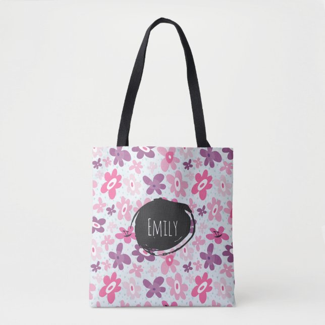 Pink Flowers Cute Whimsical Pattern Personalised Tote Bag (Front)