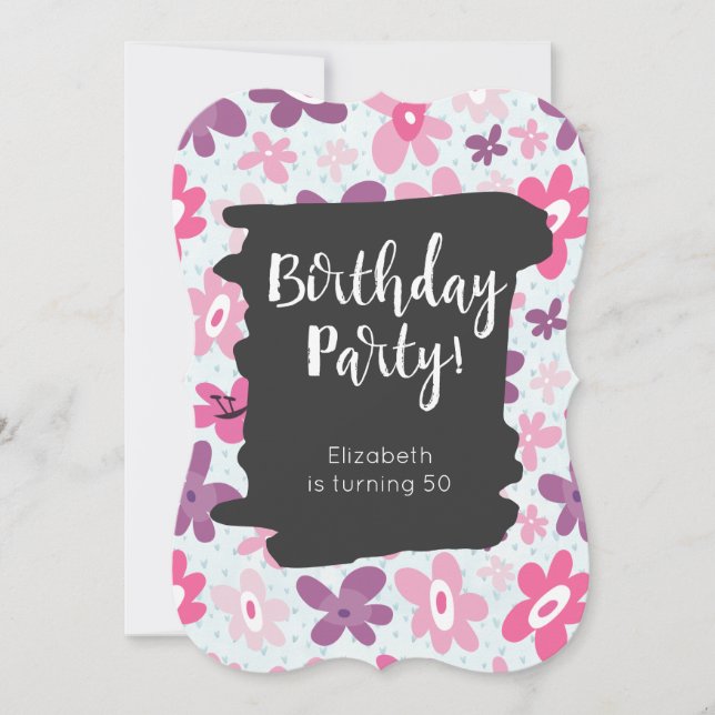Pink Flowers Cute Whimsical Retro Birthday Party Invitation (Front)