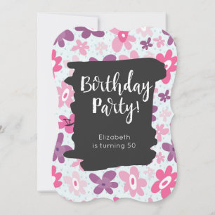 Pink Flowers Cute Whimsical Retro Birthday Party Invitation