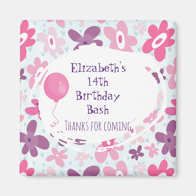 Pink Flowers Cute Whimsical Thank You Birthday Magnet (Front)