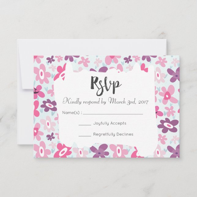 Pink Flowers Cute Whimsical Wedding RSVP (Front)