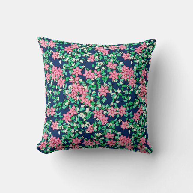 Pink flowers, dark blue background cushion (Front)