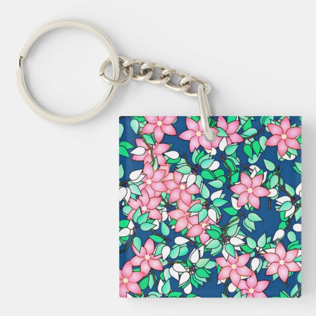 Pink flowers, dark blue background key ring (Front)