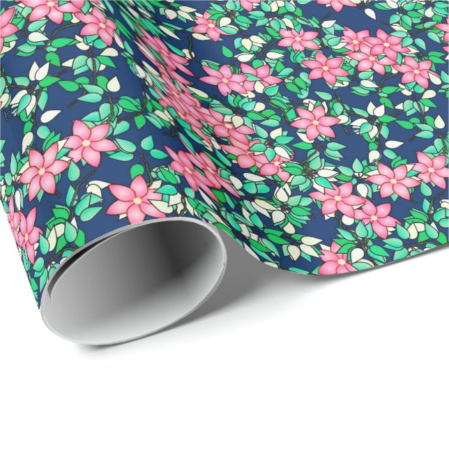 Pink flowers, dark blue background wrapping paper (Roll Corner)