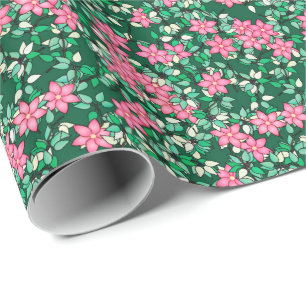 Pink flowers, dark green background wrapping paper
