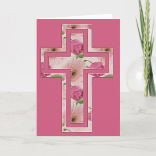 Pink Flowers Design Cross Christian Greeting Card