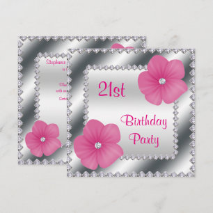 Pink Flowers & Diamonds 21st Birthday Invitation