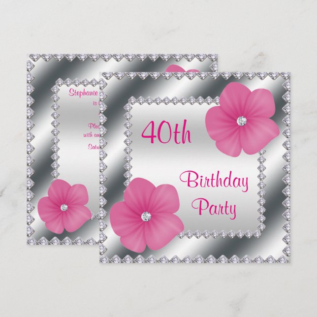 Pink Flowers & Diamonds 40th Birthday Invitation (Front/Back)