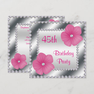 Pink Flowers & Diamonds 45th Birthday Invitation