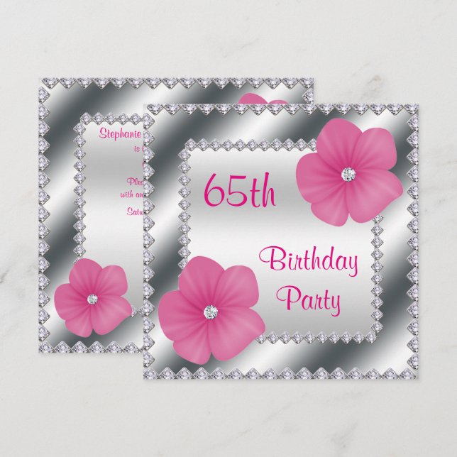Pink Flowers & Diamonds 65th Birthday Invitation (Front/Back)