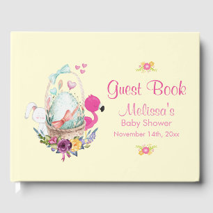 Pink Flowers, Egg, Flamingo & Bunny Watercolor Guest Book