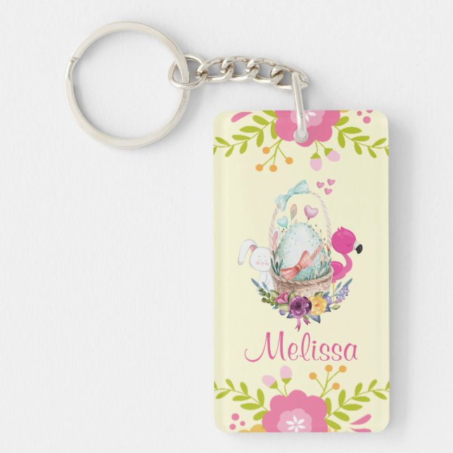 Pink Flowers, Egg, Flamingo & Bunny Watercolor Key Ring (Front)