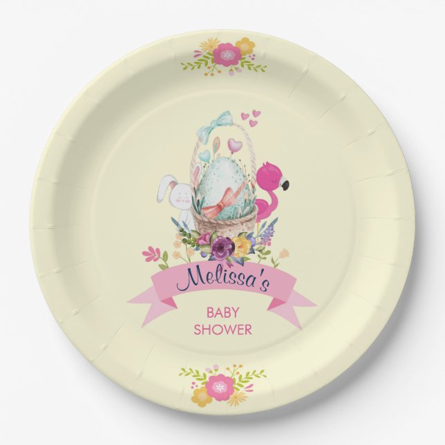 Pink Flowers, Egg, Flamingo & Bunny Watercolor Paper Plate (Front)