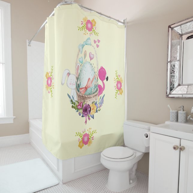 Pink Flowers, Egg, Flamingo & Bunny Watercolor Shower Curtain (In Situ)
