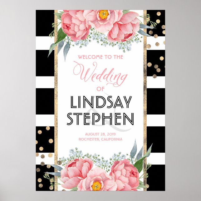 Pink Flowers Elegant Black Stripes Wedding Welcome Poster (Front)
