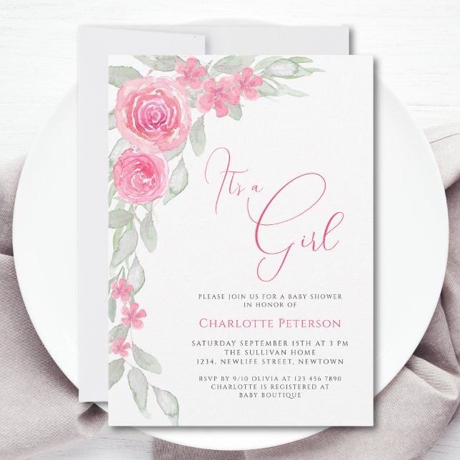 Pink Flowers Elegant Boho It's A Girl Baby Shower Invitation (Creator Uploaded)