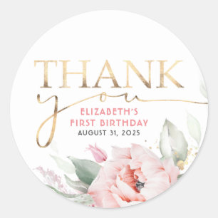 Pink Flowers Elegant Greenery and Gold Thank You Classic Round Sticker