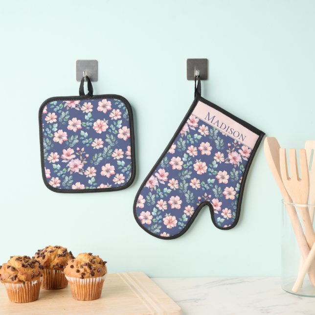 Pink Flowers Elegant Pattern Oven Mitt & Pot Holder Set (Insitu(Hanging))