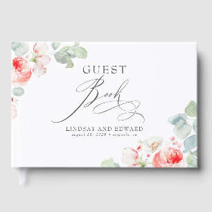 Pink Flowers Elegant Romantic Greenery Guest Book