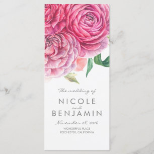 Pink Flowers Elegant Watercolor Wedding Programs Programme