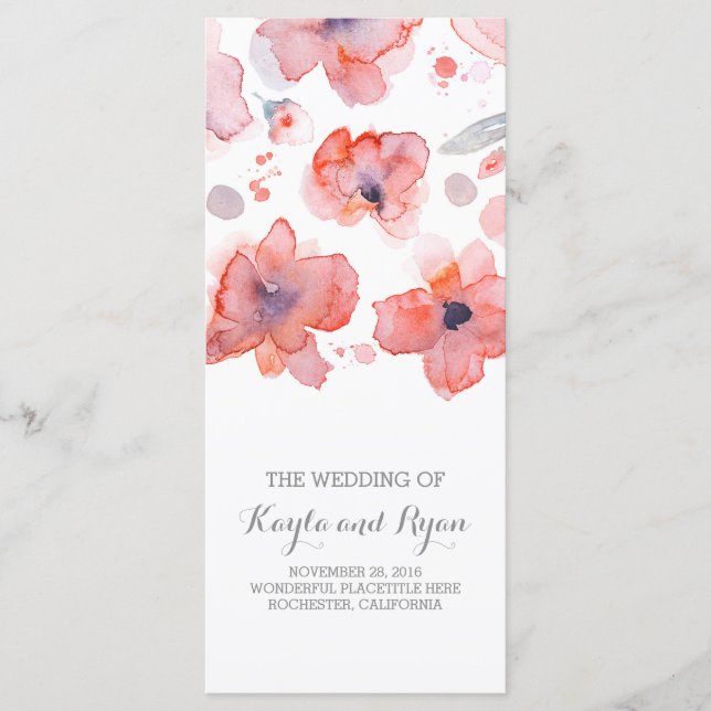 Pink Flowers Elegant Watercolor Wedding Programs Programme (Front)