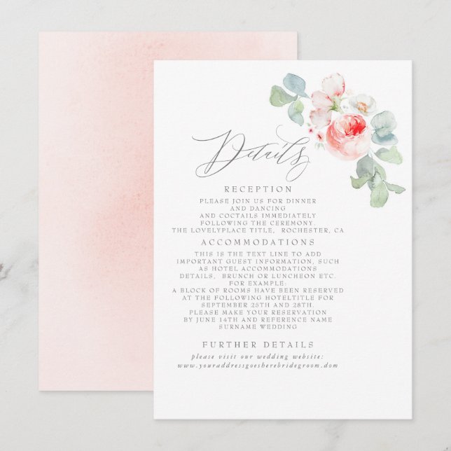 Pink Flowers Elegant Wedding Information Enclosure Card (Front/Back)