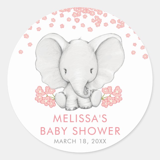 Pink Flowers Elephant Girl Baby Shower Baby Shower Classic Round Sticker (Front)