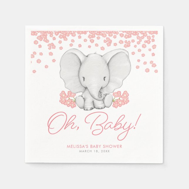 Pink Flowers Elephant Girl Baby Shower Napkin (Front)