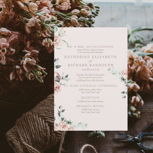 Pink Flowers Eucalyptus 2 Venue Blush Wedding Invitation (Creator Uploaded)