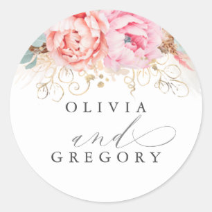 Pink Flowers Eucalyptus Leaves and Pampas Grass Classic Round Sticker