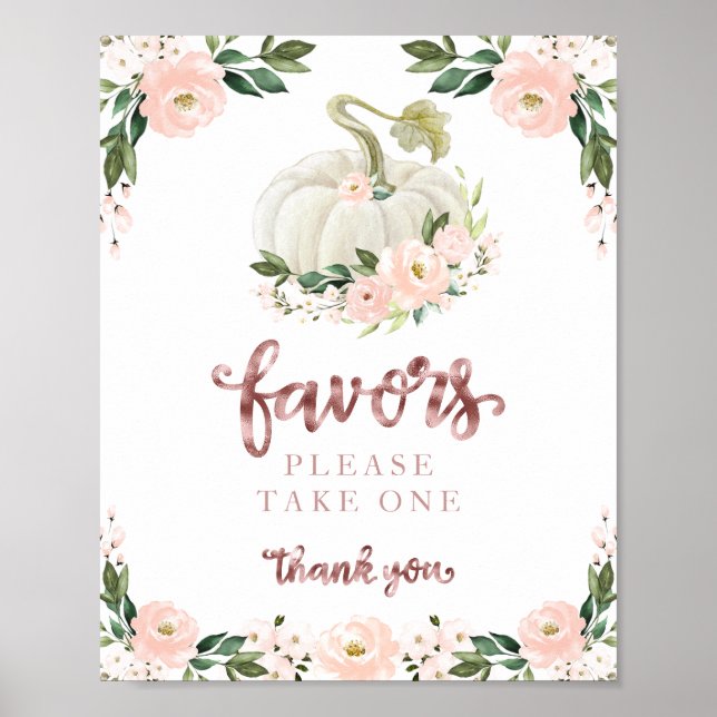 Pink Flowers Fall Pumpkin Baby Shower Favours Sign (Front)