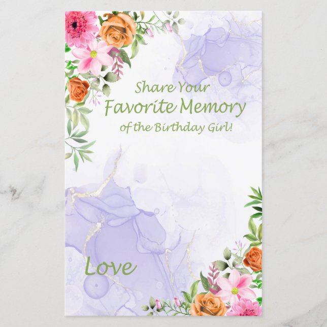 Pink Flowers Favourite Memory of the Birthday Girl (Front)