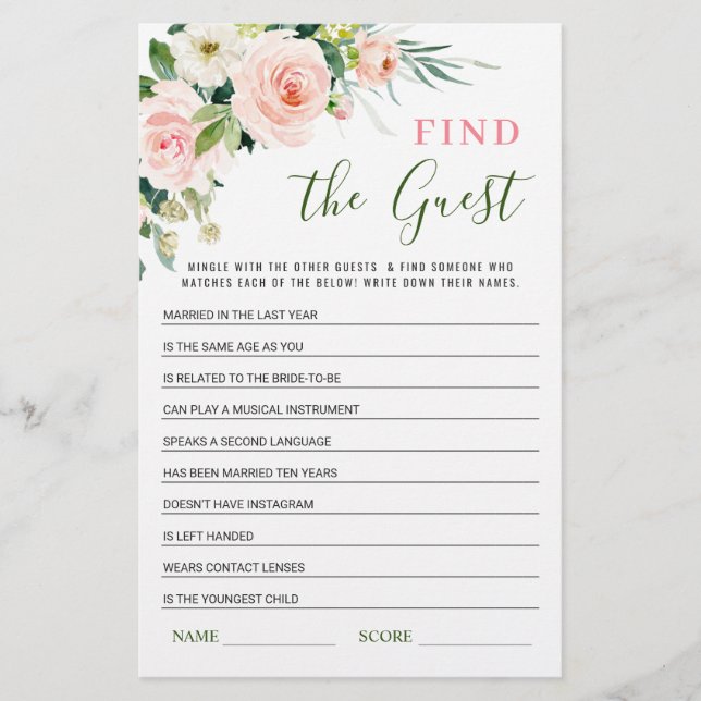 Pink Flowers Find the Guest Bridal Shower Game (Front)