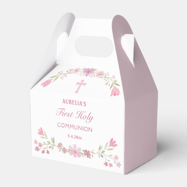 Pink Flowers First Communion Gable Favour Box (Front Side)