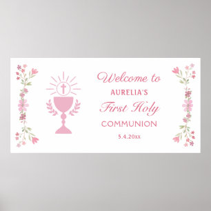 Pink Flowers First Communion Welcome Poster