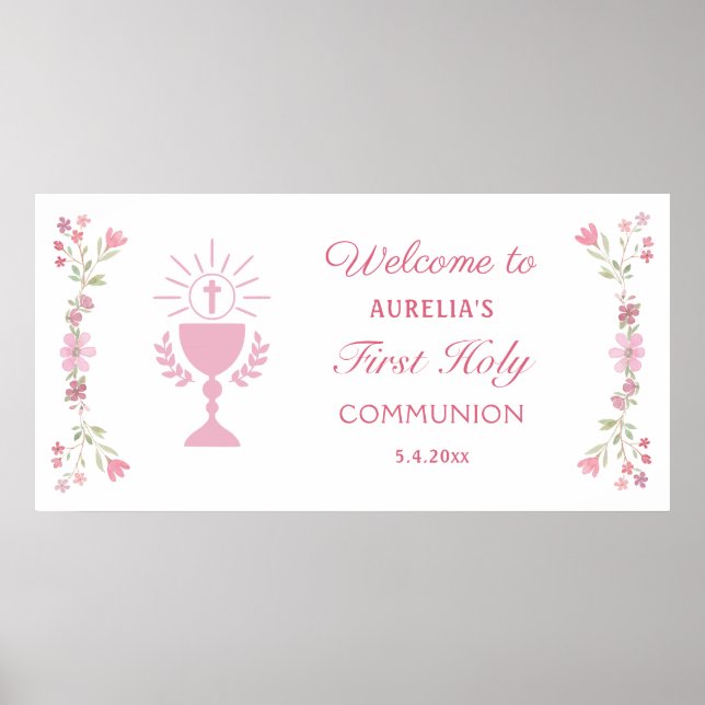 Pink Flowers First Communion Welcome Poster (Front)