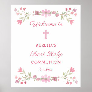 Pink Flowers First Communion Welcome Poster