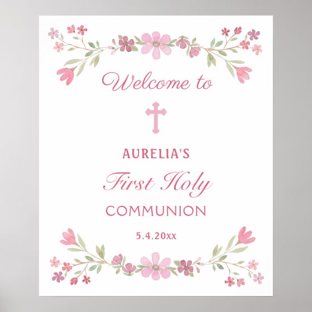 Pink Flowers First Communion Welcome Poster (Front)