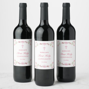 Pink Flowers First Holy Communion Wine Label