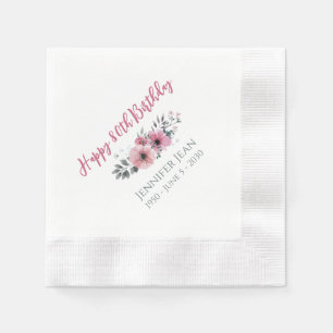 Pink Flowers Floral 80th Birthday Custom Napkin