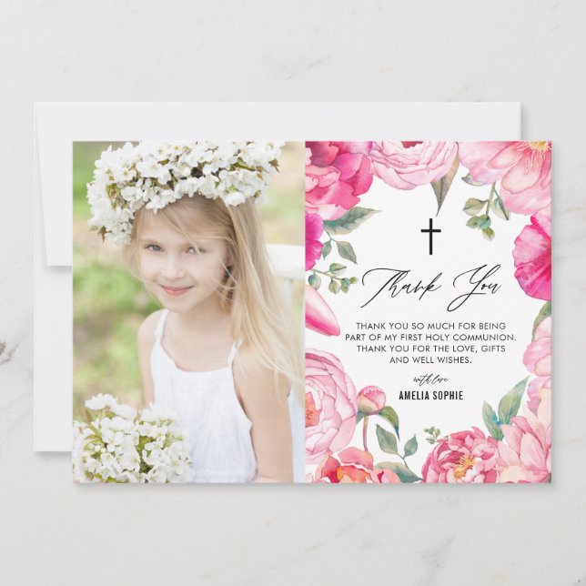 Pink Flowers Floral Frame First Holy Communion Thank You Card (Front)